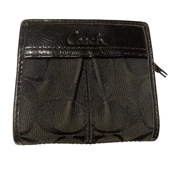 Coach mini wallet patent leather purse zip black silver - Picture 2 of 12